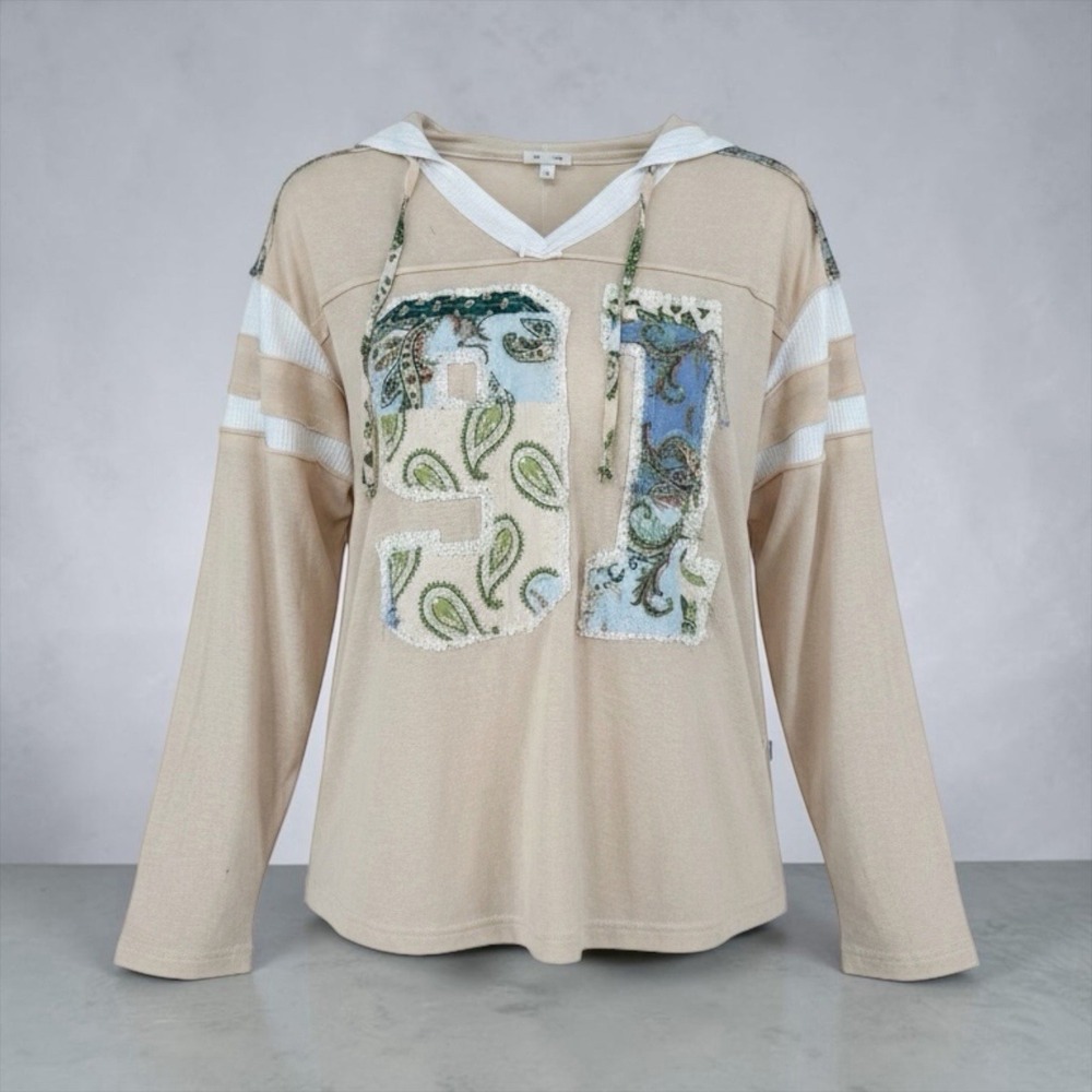 POL Boho Patchwork Hooded Tunic Top Beige Paisley 91‎ Oversized Festival Large